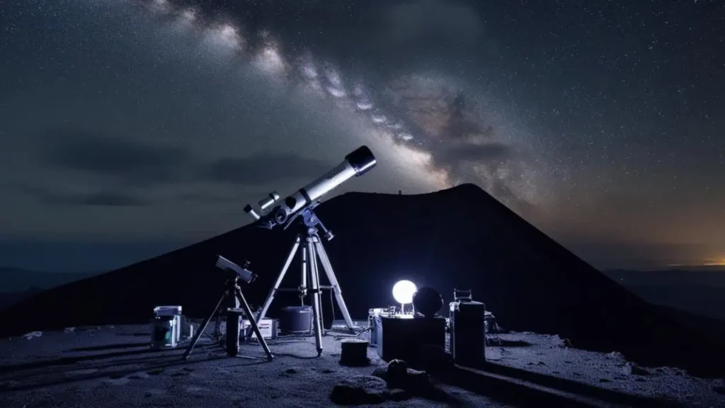 Nighttime stargazing setup with telescopes facing the Milky Way at Mount Teide, organized by Mount Teide Night.