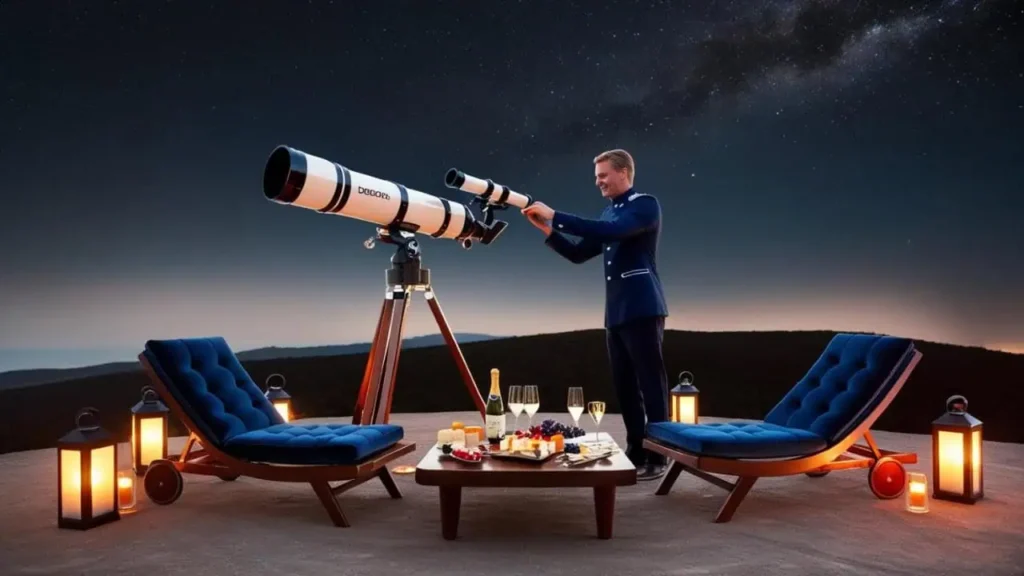 An elegantly dressed astronomer adjusts a high-powered telescope under a starry sky, surrounded by atmospheric lanterns and a luxurious outdoor seating area with champagne and gourmet snacks.