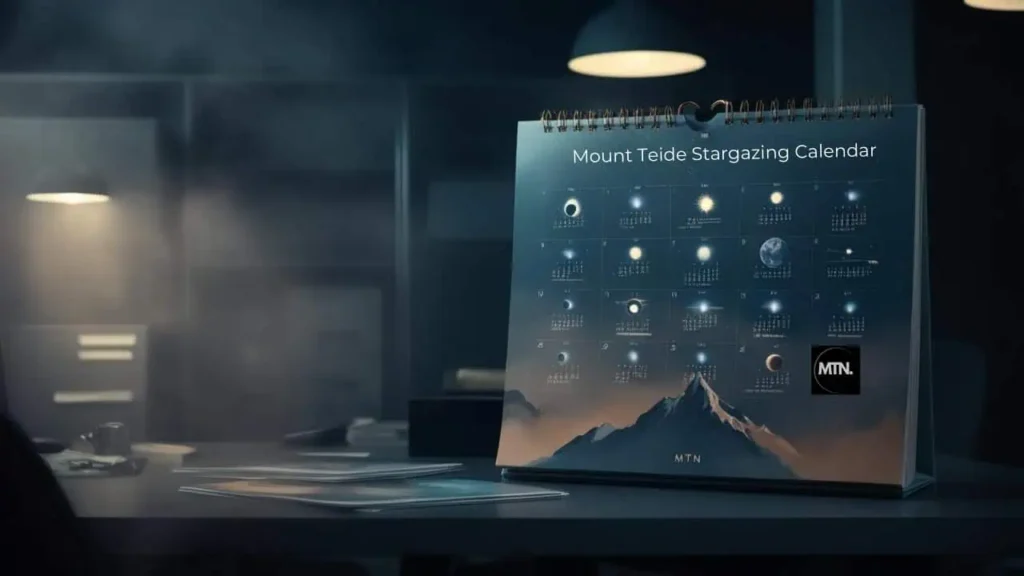 2025 Mount Teide Stargazing Calendar displayed in a dimly lit office, showcasing lunar phases and stargazing events in Tenerife for optimal viewing experiences.