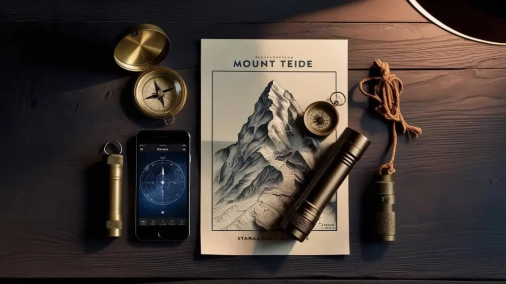 Vintage stargazing essentials laid out on a dark wooden desk, including a golden compass, old-fashioned map of Mount Teide, a smartphone showing a compass app, and a brass telescope.