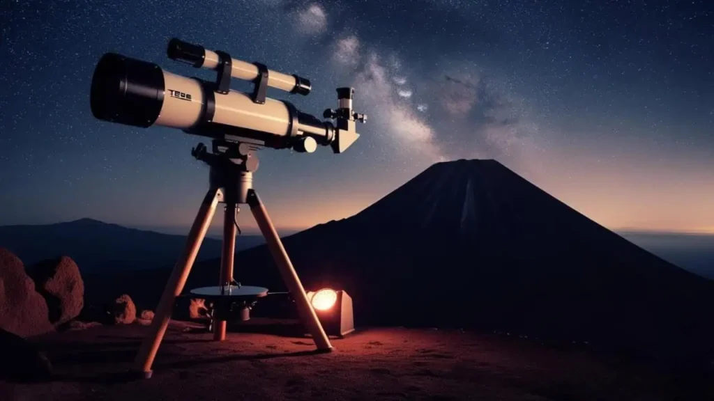 Telescope set up for stargazing at Mount Teide, offering breathtaking views of the night sky, hosted by Mount Teide Night.