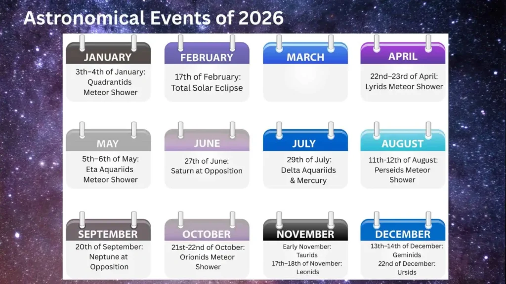 Astronomy calendar for 2026 showing major celestial events by month. The background is a purple-toned starry night sky.
